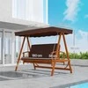 Outsunny 2 viename Holivudo sūpuoklės su gulėjimo funkcija, 3-vietės medinės sodo sūpuoklės, medinės sūpuoklės su stogeliu ir sėdimąja dalimi, suoliukas sūpuoklės iki 330 kg, sodui, terasai, 236x130x181 cm, rudos spalvos