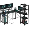 HOMCOM rašomasis stalas, L formos kompiuterio stalas 137 x 140 x 139,5 cm kampinis stalas su 6 lentynomis, biuro stalas su monitoriaus stovu, USB, elektros lizdas, namų biurui, biurui, juodas