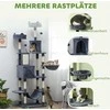 PawHut 206 cm aukščio draskyklė kačių bokštas su nameliu, 2 žaisliniais kamuoliukais, sizalio stulpeliais, platforma didelėms katėms, tamsiai pilka
