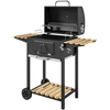 Outsunny mobilus nerūdijančio plieno kepsninė, vežimėlis su dangčiu, termometru, grotelėmis, ratukais, reguliuojama rankena ir anglių loveliu, grilis su medine lentyna, BBQ rūkykla kempingui ir sodui, 112x58x107cm