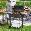 Outsunny mobilus nerūdijančio plieno kepsninė, vežimėlis su dangčiu, termometru, grotelėmis, ratukais, reguliuojama rankena ir anglių loveliu, grilis su medine lentyna, BBQ rūkykla kempingui ir sodui, 112x58x107cm