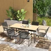 Lauko baldų komplektas Outsunny 7 dalių sėdimų baldų komplektas, metalinis valgomojo komplektas 6 asmenims, valgomasis stalas su 6 kėdėmis, virtuvės baldų komplektas su metaliniu rėmu, balkono baldai, sodo baldai terasai, natūralaus medžio spalvos
