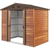 Outsunny metalinis sodo namelis, medžio imitacija, 3 m², 152 x 235,7 x 208,7 cm, įrankių pašiūrė su dvišlaičiu stogu, langu ir dvigubomis stumdomomis durimis, atsparus oro sąlygoms, lauko sandėliukas kiemui, rudas