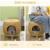 Pawhut kačių namelis, pintos tekstūros 2-in-1 dizainas, kačių gultas su pagalvėle, vandens hiacinto žolė ir Paulownia mediena, šviesiai ruda/pilka, 44 x 43 x 42 cm