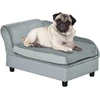 PawHut šunų sofa, pliušinė šunų lova su kilimėliu ir saugykla, natūrali mediena, šviesiai mėlyna, 76x45x41,5 cm