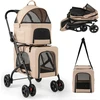 Promotions Dvivietis gyvūnų vežimėlis 3-in-1 su 2 nuimamais krepšiais, smėlio spalvos