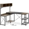 Promotions Kompiuterio stalas, L formos stalas su elektros lizdais, 158x123x142 cm, rudas, su laikymo vieta