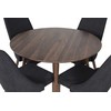 Venture Design Valgomojo komplektas Plaza apvalus stalas 100 cm riešutas, Leone valgomojo kėdė juoda medžiaga riešutas