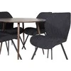 Venture Design Valgomojo stalas ir kėdžių komplektas Plaza apvalus stalas 100 cm riešutmedžio stalviršis riešutmedžio kojos Gemma valgomojo kėdė juodos kojos juoda medžiaga 100x100 cm riešutmedžio juoda