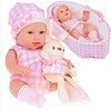 Jokomisiada Baby Doll Newborn dėvi rožinės spalvos kepurės suknelę + triušis ZA 5007 RO