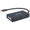 MANHATTAN USB-C 3-in-1 kelių prievadų A/V keitiklis USB-C į DVI HDMI arba VGA Females 4K30Hz HDMI 1080p prie VGA arba DVI Juodas