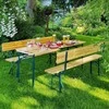 Lauko baldų komplektas PORTER plieno ir medinis sodo komplektas 175 cm stalas + 2 suolai