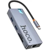 Adapteris HUB 8w1 (HDTV+RJ45+SD/TF+PD+Type-C 3.0+USB 3.0 x 2) USB-C Hoco HB52 pilkas