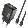 Dudao A26TCEU PD QC 25W GaN USB-A USB-C sieninis įkroviklis su USB-C laidu - Juodas