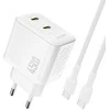 Dudao A28PCEU PD 45W GaN 2xUSB-C sieninis įkroviklis su USB-C laidu – baltas