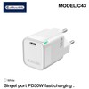Jellico C43 Mini PD 30W QC 3.0 Smart Adaptīvs ātrais lādētājs ar 1x USB-C (5-20V) ligzdu Balts