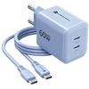 Phone charger Forcell F-Energy GaN III Crystal Color 2x USB C AVS SSFC3.0 60W + silicone cable USB C to USB C VT-60 mėlynas