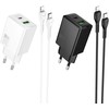 Phone charger Hoco USB A + USB C QC3.0 PD AFC 3A 30W + cable USB C to USB C N71 baltas