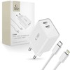 Tech-Protect C35W 2x USB-C PD 35W sieninis įkroviklis su USB-C / Lightning kabeliu – baltas