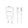Forever TC-01-20AC PD QC įkroviklis 1x USB-C 1x USB 20W baltos spalvos + USB-C - USB-C kabelis 20W