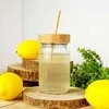 Excellent Houseware Stiklinis gėrimo stiklainis su bambuko dangteliu ir šiaudeliu 500 ml