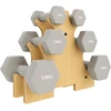 Hantelių rinkinys su mediniu stovu ir PVC danga, šviesiai pilkas, 31 × 9 × 28 cm, 6 vnt.