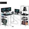 HOMCOM L formos žaidimų stalas su lentyna, kompiuterio stalas su monitoriaus stovu, elektros lizdu, USB įkrovimo prievadu, kampinis rašomasis stalas namų biurui, miegamajam, 137 x 140 x 139,5 cm, baltas