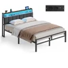 Lova Songmics Lovos rėmas su daiktadėže ir LED apšvietimu, matinės juodos ir vintažinės rudos spalvos, 218,3 × 140,5 × 104,5 cm