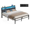 Songmics Lova su galvūgaliu ir LED apšvietimu, matinė juoda ir vintažinė ruda, 218,3 × 160,5 × 104,5 cm