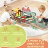 Medinis traukinukų komplektas, 79 dalys, 4 lygiai, liftas, kranas, praplečiamas, spalvingas