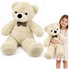 Lean Toys Pliušinis meškiukas su languotu kaspinu, baltas ir kreminis, 80 × 35 × 20 cm