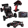 RC automobilis WLToys 124016 4WD su bešepetėliu varikliu, juodas su raudonais ir sidabriniais elementais, 35 × 21 × 13 cm