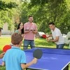 SPORTNOW stalo teniso stalas, ketvirtadaliu sulankstomas, su tinkleliu, 2 raketėmis, 3 kamuoliukais, mėlynas