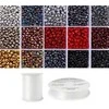 Siūlų ir stiklinių apvalių karoliukų (biserio) 6/0 RainBow® 15 spalvų po 10 g rinkinys, tamsus