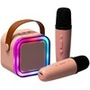 Ikonka Karaokės rinkinys 2 mikrofonai + nešiojamas garsiakalbis BLUETOOTH USB LED rožinis