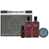 „Essential Set American Crew“ rinkinys: kasdienis drėkinamasis plaukų kondicionierius, 100 ml + kasdienis drėkinimo šampūnas, 100 ml + stiprios fiksacijos plaukų formavimo pomada, 50 ml + raminamasis skutimosi gelis „Precision“, 50 ml