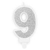PartyDeco Gimtadienio žvakutė nr 9 sidabrinė blizganti 7cm