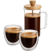 Winder Home Rinkinys: 2 borosilikatinės stiklinės po 250 ml + stūmoklinis kavinukas French Press 350 ml su bambukiniu dangteliu