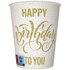 Auksiniai „Happy Birthday“ popieriniai puodeliai su taškeliais, 8 vnt., 250 ml