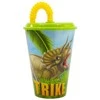 Dinozauro tiranozauro formos plastikinis puodelis su šiaudeliu, 430 ml