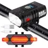 Dviračio žibintai su LED T6 priekiui ir galui, USB įkrovimas