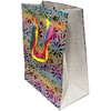 Spalvotos gėlės, blizgučiais puoštas popierinis dovanų maišelis, 18x10x23 cm