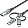 „Vention“ USB 2.0 A tipo kištukas į 3 viename „Micro-B“, USB-C ir „Lightning“ tipo kištuką, 1 m, pilkas, aliuminio lydinio tipas