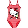 Vaikiškas raudonos spalvos Hello Kitty maudymosi kostiumėlis, 104–134 cm apimties.