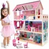 Doll House Medinis lėlių namas, 3 aukštų, su LED apšvietimu ir baldų komplektu