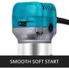 Kompaktiškas frezavimo staklės, 800 W, kintamo greičio, 6 greičio nustatymai, švelnus paleidimas, 6,35 mm ir 9,5 mm įvorės, panardinamasis pagrindas, pasvirasis pagrindas, fiksuotas pagrindas, dulkių ištraukimas, ergonomiškas dizainas