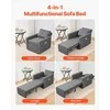 Miegamoji sofa-lova, transformuojama su šonine kišene ir stalviršiu, 5 reguliuojamos padėtys, ištraukiama sofa su dėže ir ratukais, pilka, vienvietis fotelis lova