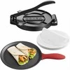 Tortilijų presas, 25 cm ketaus sunkiasvoris rankinis roti gaminimo įrankis su rankena ir 100 vnt. kepimo popieriaus, tešlos tako presas miltinėms tortilijoms, keptuvė papločiams