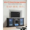 TV staliukas Medinis TV stovas televizoriams iki 1651 mm, modernus pramogų centras su LED šviesomis, juoda TV spintelė su stiklinėmis durelėmis
