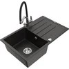 Granitinė virtuvinė plautuvė Mexen Bruno su maišytuvu ir sifonu, Metallic juodas/auksinis+Juodas/Chrome